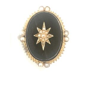 Elegant Black 15k English Gold Mourning Brooch with Starburst Pearl Accents